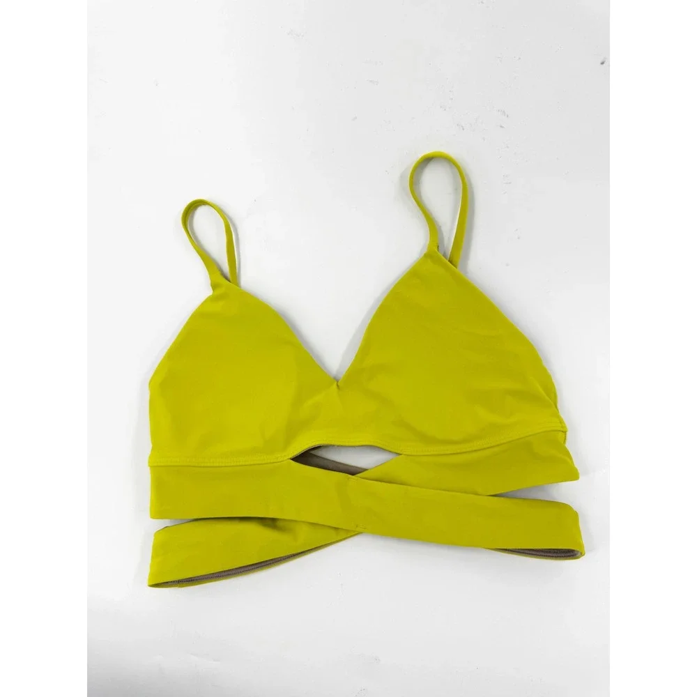 Lululemon Take Power Bra Yellow Green Wrap Cut Out‎ Sports Bra LW2DBWS Size 6